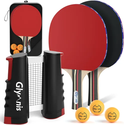 Glymnis Juego de palas de ping pong, pelotas de ping pong con red retráctil,Raquetas de tenis de mesa con bolsa de transporte, accesorios para