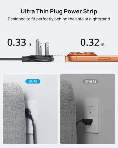 Miniatura 2 de TROND Cable de Extensión Plano Ultra Delgado, Regleta de Alimentación de Enchufe Plano con 3 Cargadores USB, 3 Salidas de CA Estación de Carga