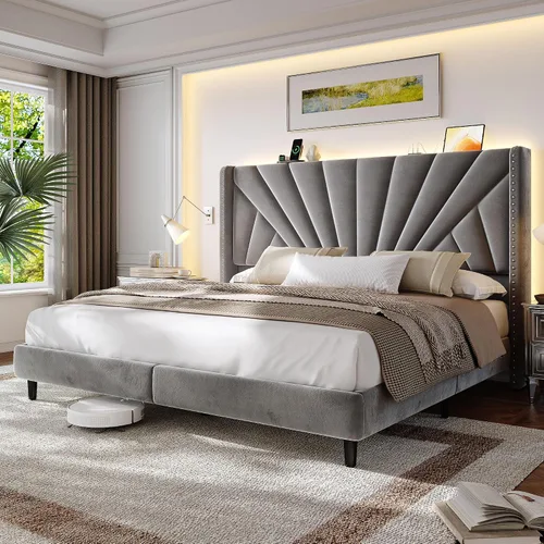Miniatura 11 de EnHomee Marco de Cama Queen con Cabecera Alta de 51" Wingback, Cama Plataforma Tapizada en Terciopelo con Estación de Carga y Luces LED, No Necesita