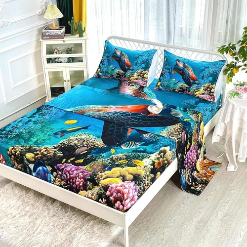Miniatura 2 de CVHOUSE Juego de sábanas bajeras de tortuga marina, tamaño individual, juego de ropa de cama de tortuga para niños y niñas, 1 sábana encimera y 1 A4