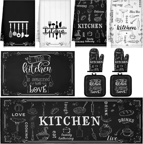 Miniatura 10 de Fourluoo Juego de 10 piezas de decoración de cocina con lazo rosa, 4 paños de cocina a cuadros rosados, 2 soportes para ollas, 2 guantes de horno, 2