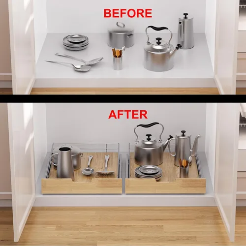 Miniatura 6 de Sikarou Organizador de gabinete extraíble, estante deslizante resistente, cesta de madera y alambre, cajón extraíble para cocina debajo