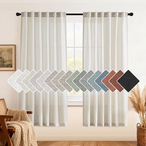 Miniatura 39 de H.VERSAILTEX Cortinas de lino natural de 63 pulgadas de largo para sala de estar, 2 paneles con trabillas traseras y bolsillo, texturizadas