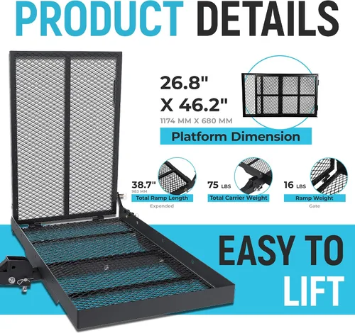 Miniatura 5 de ECOTRIC Transportador de carga de enganche de 46.2 x 26.8 x 38.7 pulgadas con rampa plegable de 500 libras de capacidad, soporte de enganche