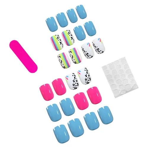Miniatura 2 de Uñas postizas cortas a presión, uñas acrílicas cuadradas, coloridas de cobertura completa, uñas adhesivas brillantes en líneas, uñas reutilizables