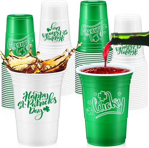 Pickmesh 50 piezas de vasos de plástico para el Día de San Patricio de 16 onzas con diseño de trébol de la suerte, vasos desechables para