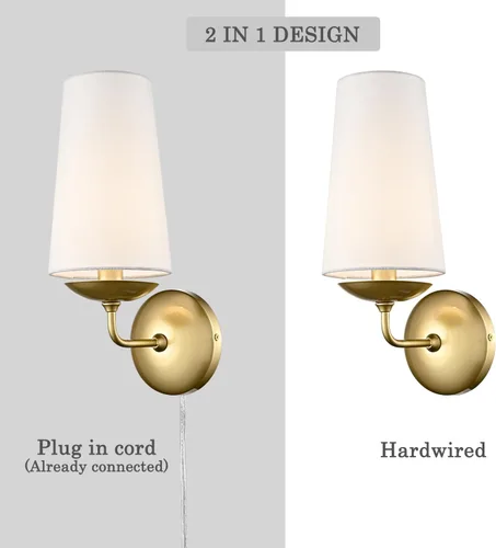 Miniatura 3 de Apliques de pared dorados modernos juego de dos con pantalla de lino, lámpara de pared enchufable o de instalación fija para dormitorio, sala de Oro