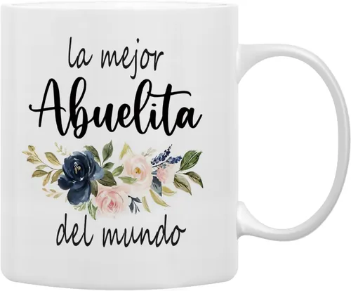 QASHWEY Taza de café floral con texto en inglés "Best Grandma in The World", taza de cerámica impresa de doble cara para cumpleaños de abuelas de