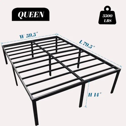 Miniatura 2 de Base de cama Queen de 14 pulgadas, marco de cama de listones de acero resistente, base de cama tamaño Queen, plataforma resistente, espacio