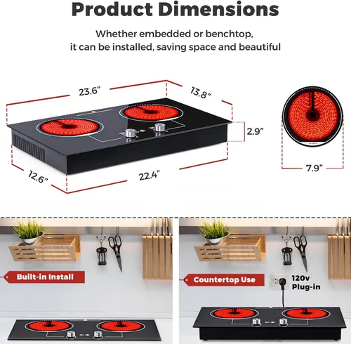 Miniatura 8 de ADVWIN Placa de cocina eléctrica, perilla de control de 2 quemadores, enchufe en estufa eléctrica de cerámica integrada con bloqueo de seguridad