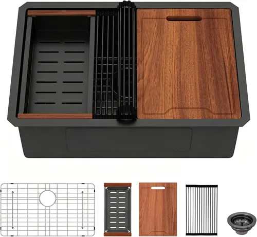 Miniatura 13 de Lordear Fregadero de cocina de montaje inferior de 23 pulgadas, estación de trabajo, fregadero de cocina de acero inoxidable calibre 16, cuenco