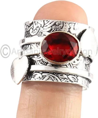 Miniatura 2 de Handmade Garnet Spinner Ring, 925 Sterling Silver Fidget Band for Women, Heart Design Gemstone Ring, Natural Garnet Jewelry, Statement Spin Ring
