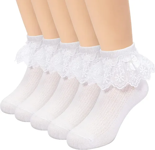 akkilar Paquete de 4 calcetines con volantes para niñas pequeñas con lazo de malla de encaje con ribete de volantes y ojales de princesa para niños