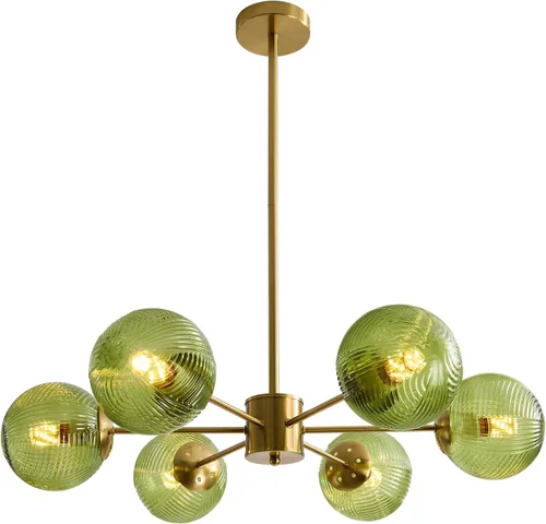 BOKT Lámpara Colgante de Bola de Vidrio Verde Moderna de Mediados de Siglo Dorada de 6 Luces Globo Sputnik Candelabro Accesorio de Iluminación