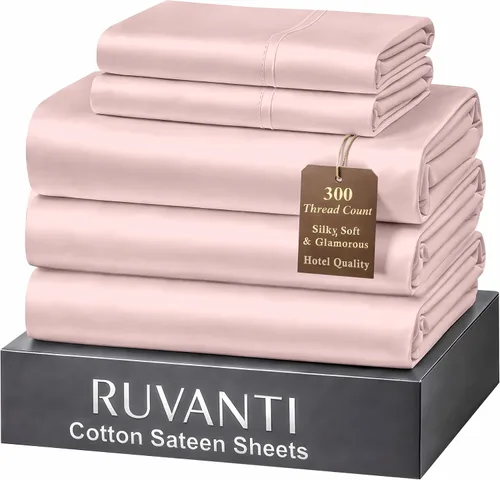 Miniatura 43 de RUVANTI Juego de sábanas de 100 % algodón tamaño matrimonial, tejido de satén suave y sedoso de 300 hilos, refrescante, ligero y transpirable, Beige