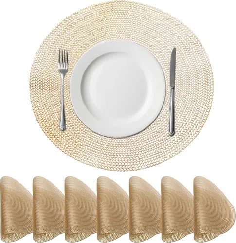 Miniatura 7 de uxcell Juego de 6 manteles individuales redondos dorados para mesas de comedor, manteles individuales metálicos de polivinilo prensado, manteles