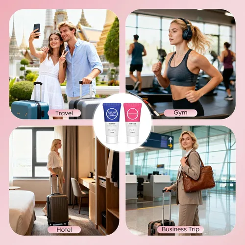 Miniatura 7 de Juego de champú y acondicionador de tamaño de viaje, pequeña prueba de champú para el cabello, kit de acondicionador de muestra de mini artículos