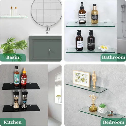 Miniatura 5 de SAYAYO Estantes flotantes de vidrio templado para baño, estante de vidrio templado cromado de 15 x 5 pulgadas para pared, 1 paquete, color negro