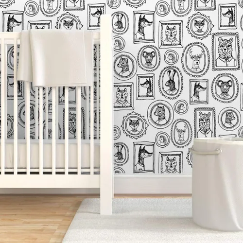 Miniatura 6 de Spoonflower Papel tapiz para despegar y pegar, marco de retrato de animales caprichoso, bosque, negro, blanco, cuarto de niños, papel tapiz
