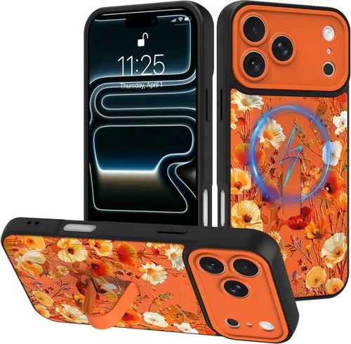 Miniatura 117 de Funda diseñada para iPhone 17 Pro Max con soporte plegable y correa para dedos, bonito patrón de lazo de corazón de flor rosa para mujeres y niñas