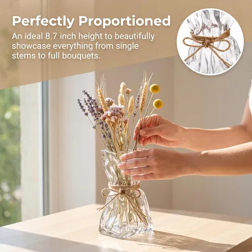 Miniatura 4 de Covzoe Jarrón de cristal, florero de forma irregular de 8.7 pulgadas de alto con cuerda de cáñamo, jarrones decorativos de arte transparente