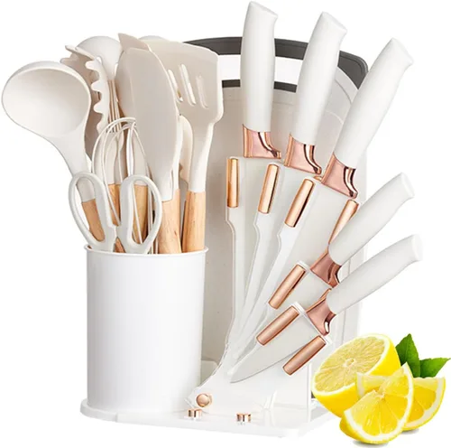 Miniatura 7 de Juego de utensilios de cocina y cuchillos de cocina de 19 piezas con bloque de soporte, incluye 11 utensilios de cocina de silicona, 5 cuchillos