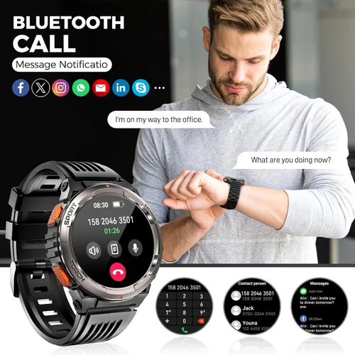 Miniatura 6 de EIGIIS KE5 Military Smart Watch for Men with Flashlight SOS 3ATM Waterproof Watch 530mAh Big Battery 1.45" Rugged Tactical Smartwatch with Compass