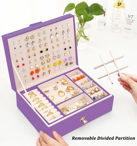 Miniatura 94 de Joyero de pendientes para mujeres y niñas, organizador de aretes de 5 capas, caja organizadora de joyas blanca con candado, collares y aretes