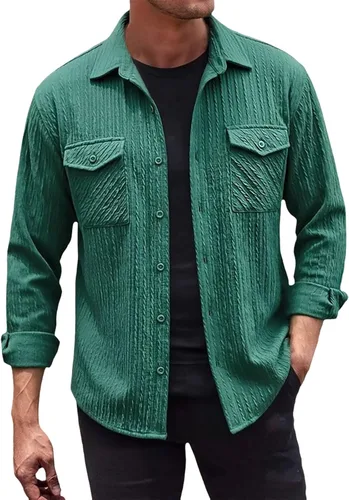 Miniatura 7 de Camisas con botones para hombre, casual, de manga larga, con cuello jacquard, texturizada, ligera, sobrecamisa, sobrecamisa