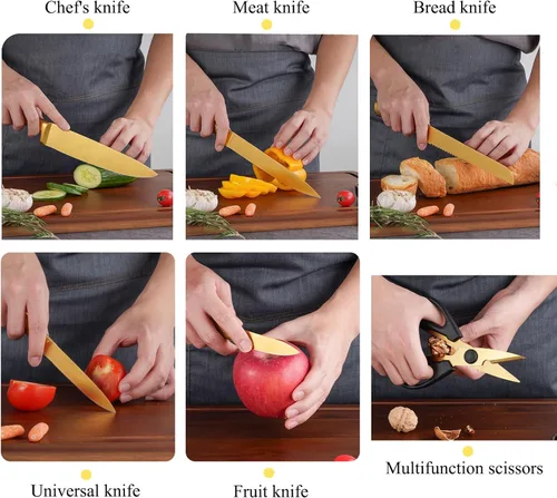 Miniatura 7 de Juego de cuchillos de cocina dorados de lujo con bloque de madera, 8 cuchillos de chef con revestimiento de titanio, aptos para lavavajillas