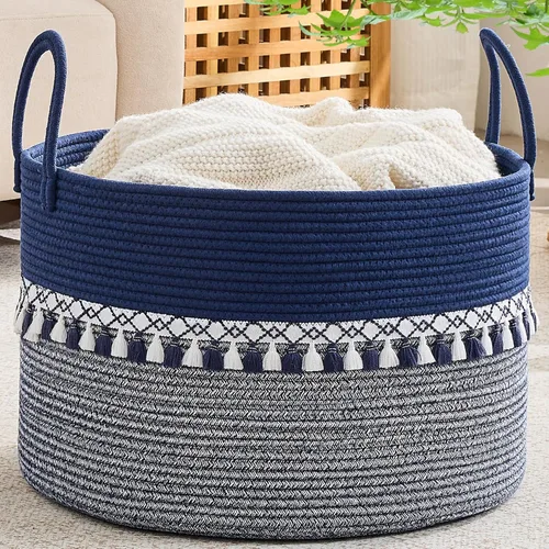 Miniatura 26 de KAKAMAY Cesta grande para manta (20 x 13 pulgadas), cestas tejidas para almacenamiento de ropa sucia de bebé, canasta de manta de cuerda de algodón