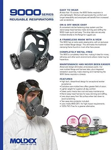 Miniatura 3 de Moldex Respirador de cara completa Reuasble serie 9000 con cartucho de vapor orgánico/gas ácido 7003 (1 cada uno) (mediano)