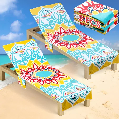 Oudain Juego de 2 fundas de toalla para silla de descanso con bolsillo lateral, diseño de mandala bohemio de microfibra antideslizante para silla de