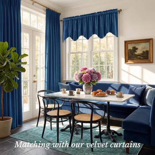 Miniatura 2 de StangH Cortinas decorativas de lujo, cenefa azul con bloqueo de luz, cenefa festoneada para ventana pequeña con bolsillo sólido para barra, cortina