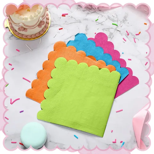 Miniatura 3 de Yeaqee 100 servilletas festoneadas de color neón, servilletas de papel de cóctel de 2 capas brillantes para bebidas, servilletas desechables