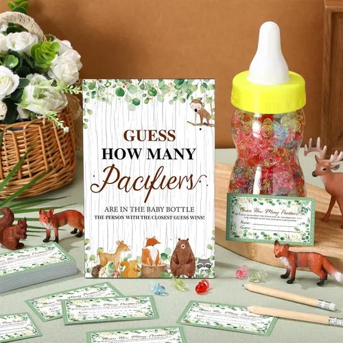 Miniatura 2 de Syhood Woodland Animal Baby Shower Games Adivina cuántos chupetes signo de juego 50 pequeños juegos de adivinanzas 20 lápices HB botella de leche