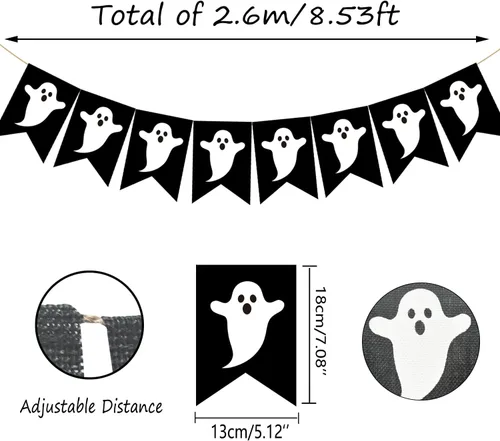Miniatura 2 de Doumeny Pancarta de arpillera de fantasma de Halloween, guirnalda espeluznante, guirnalda espeluznante, pancarta negra para fiesta, bandera de truco