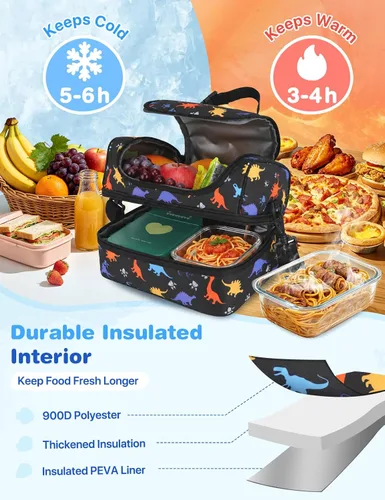 Miniatura 4 de VASCHY - Lonchera para niños, bolsas de almuerzo aisladas de dos compartimentos para niños y niñas con correa para el hombro para la escuela