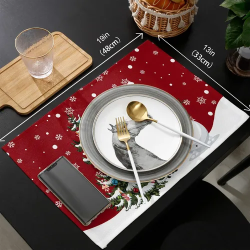 Miniatura 6 de Juego de 6 manteles individuales de Navidad, muñeco de nieve, copo de nieve, árbol de Navidad, resistentes al calor, para mesa de comedor, lino