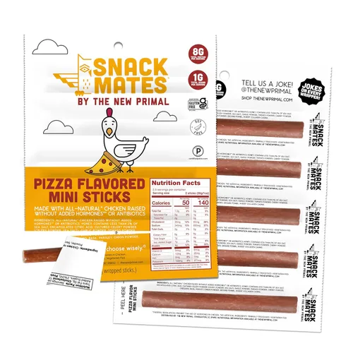 The New Primal Snack Mates Pepperoni Pizza Chicken Sticks, bocadillos saludables sin gluten para niños, bajos en azúcar y altos en proteínas para la