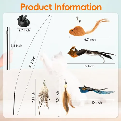 Miniatura 8 de Juego de juguetes interactivos de simulación de plumas de gato, varita retráctil para gatos, base de ventosas, incluye 7 piezas desmontables