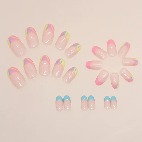 Miniatura 2 de Uñas postizas cortas redondas SWEKKE de verano, punta francesa, uñas postizas de cobertura completa, uñas adhesivas de color rosa, azul, punta