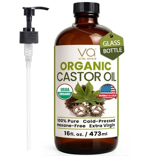 VITAL AFFAIR Aceite de Ricino Puro Orgánico Prensado en Frío Sin Refinar Botella de Vidrio - Certificado USDA para Paquete de Aceite de Ricino