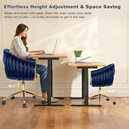 Miniatura 7 de Silla de Oficina de Terciopelo con Respaldo, Sillas de Tocador con Ruedas, Silla de Escritorio de Oficina en Casa de Terciopelo Giratoria 360°, Azul
