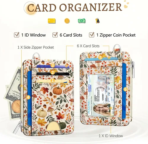 Miniatura 3 de Kelvoris Tarjetero pequeño para mujer, cartera delgada con bloqueo RFID, llavero con bolsillo para monedas con cremallera, bolsillo frontal