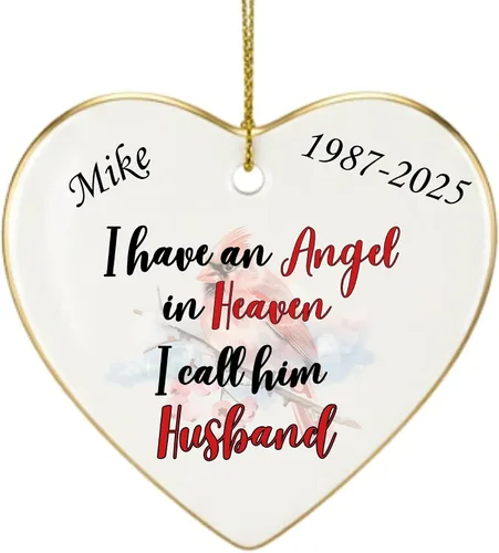 Adorno de Navidad conmemorativo personalizado 2025 – Recuerdo de cerámica en forma de corazón – Tengo un ángel en el cielo lo llamo marido – Regalo