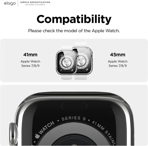 Miniatura 9 de elago Compatible con Apple Watch Case 7/8/9, protector de pantalla, protector transparente, protección completa, policarbonato duro + vidrio templado