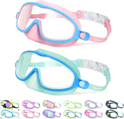 Miniatura 14 de Vvinca 2 gafas de natación para niños con cubierta para la nariz, máscara de buceo de natación de visión amplia, antivaho UV, anti roturas