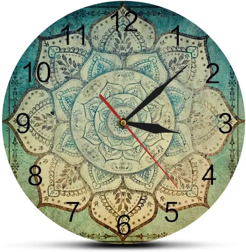 Geek Alerts Reloj de pared silencioso con diseño floral de mandala indio desteñido, funciona con pilas, sin tictac, cuarzo, bohemio, mandala