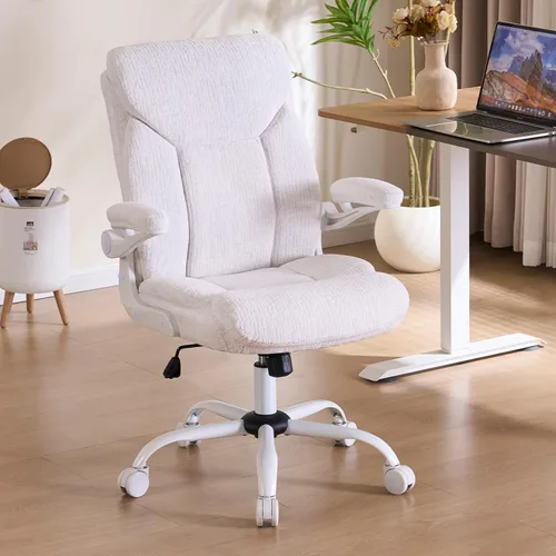 Miniatura 13 de Silla de Oficina Ejecutiva, Silla de Computadora Cómoda de Tela Ergonómica con Reposabrazos Abatibles, Soporte Lumbar, Función de Giro 360° y Gris
